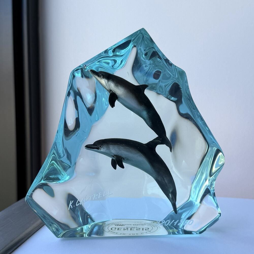 1994 Kitty Cantrell Genesis Blue Mixed Media Dolphins Lucite Sculpture 320/1250